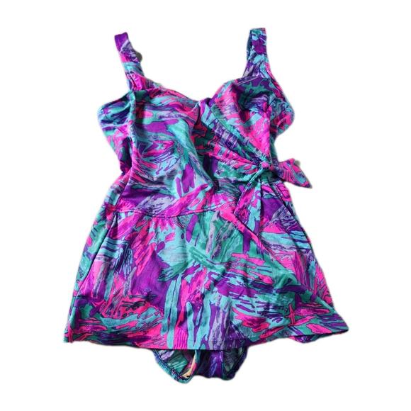 Maxine Of Hollywood Swimsuit Swim Dress Purple Blue Pink Size 16 Vintage - Picture 1 of 6